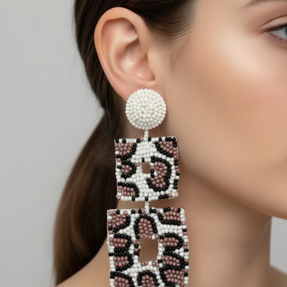 Beaded Leopard Print Statement Earrings | White Mauve Pink Brown - Picture 5 of 5